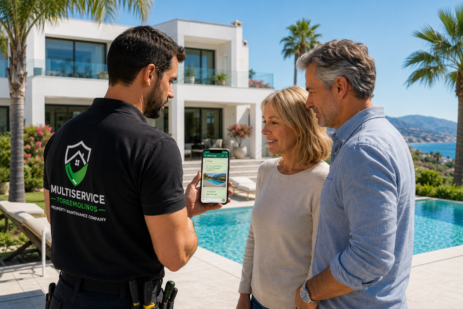 English-speaking property service professional assisting homeowners